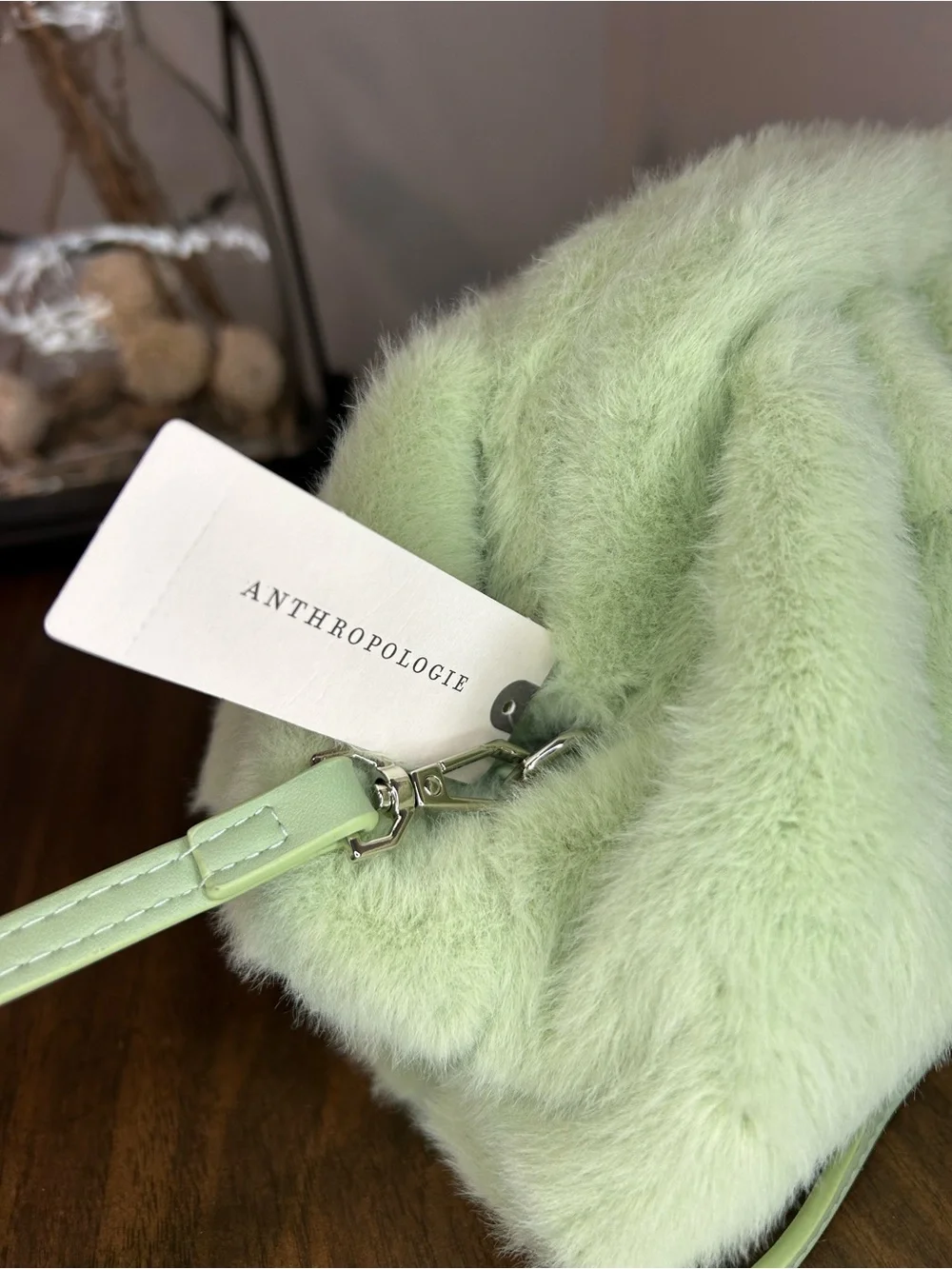 Anthropologie NWT Sage Green Faux Fur Shoulder Crossbody Bag with Pouch